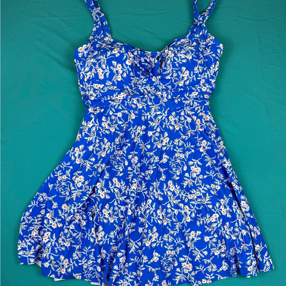 B2prity Swimdress One Piece Swimsuit Women M Blue Floral Tummy Control Skirt NWT - Picture 3 of 5